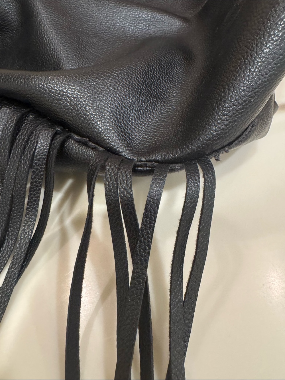 Victoria's Secret Black Faux Leather Fringe Drawstring Boho Bag - Picture 16 of 16
